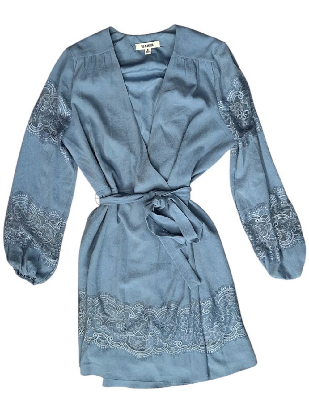 BB Dakota Dusty Blue Lace-Trim Wrap Dress Sz 6